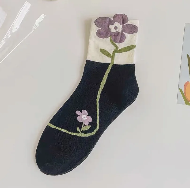 5 pares 3d floral feminino meados de bezerro meias quentes estilo japonês primavera outono casual menina escola meias longas tornozelo mulher 2025