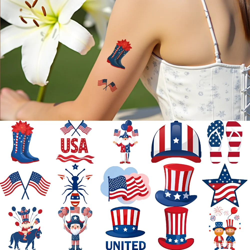 

63pcs Temporary Tattoo Uncle Sam Hat Waterproof Long-lasting Body Stickers Hot Air Balloon USA Map Cartoon American Flag For