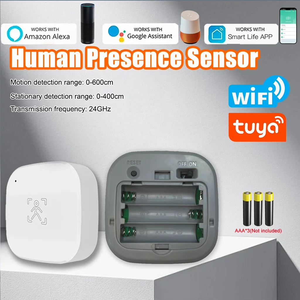 2.4GWiFi 24Ghz Human Presence Sensor Battery Powered Motion Static Detector Tuya Smart Life APP Smart Home Automation