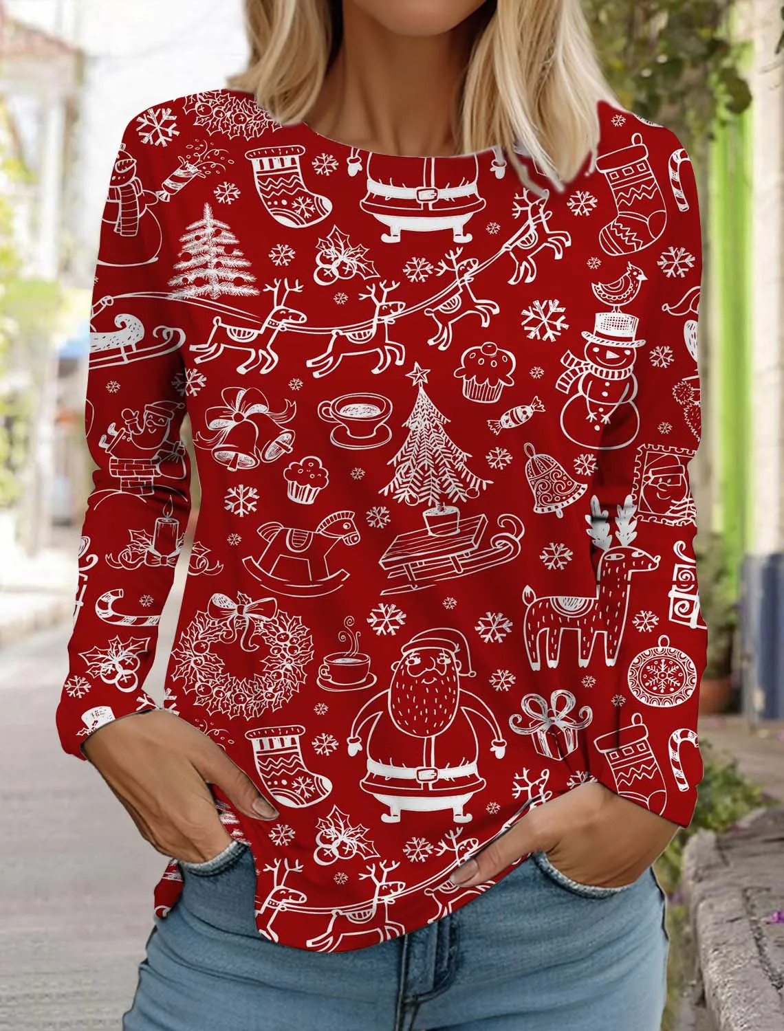 Christmas Women's Long Sleeve Santa Claus 3D Pattern T Shirt  Autumn Fashion 2024 Women's Top Harajuku  Pullover Clothing