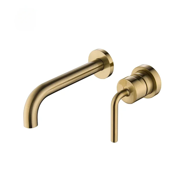 Brushed Gold Wash Basin Tap Double Handle Wall Mounted Bathroom Sink Faucet