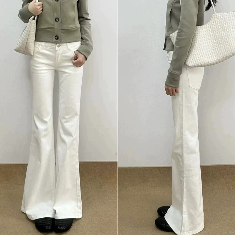 White High Waist Flared Jeans Women's Fleece Lined Slimming Non-Matching Leggings Small Size Bell Bottoms Autumn Winter