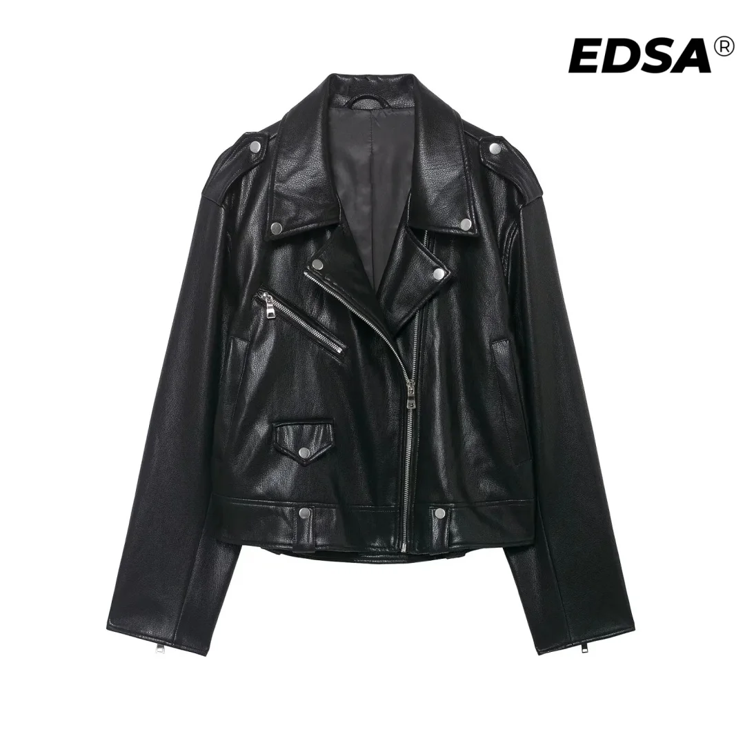 Veste en cuir PU pour femmes EDSA, noire, fermeture éclair sur le devant, col à revers, manches longues, vêtement d'extérieur décontracté pour femmes