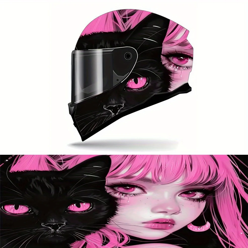 

[Racing Helmet Wrap] Full Helmet Wrap Sticker | Black Cat And Pink Eyed Girl Motorcycle Helmet Racing Graphic Decal Vinyl Wrap H