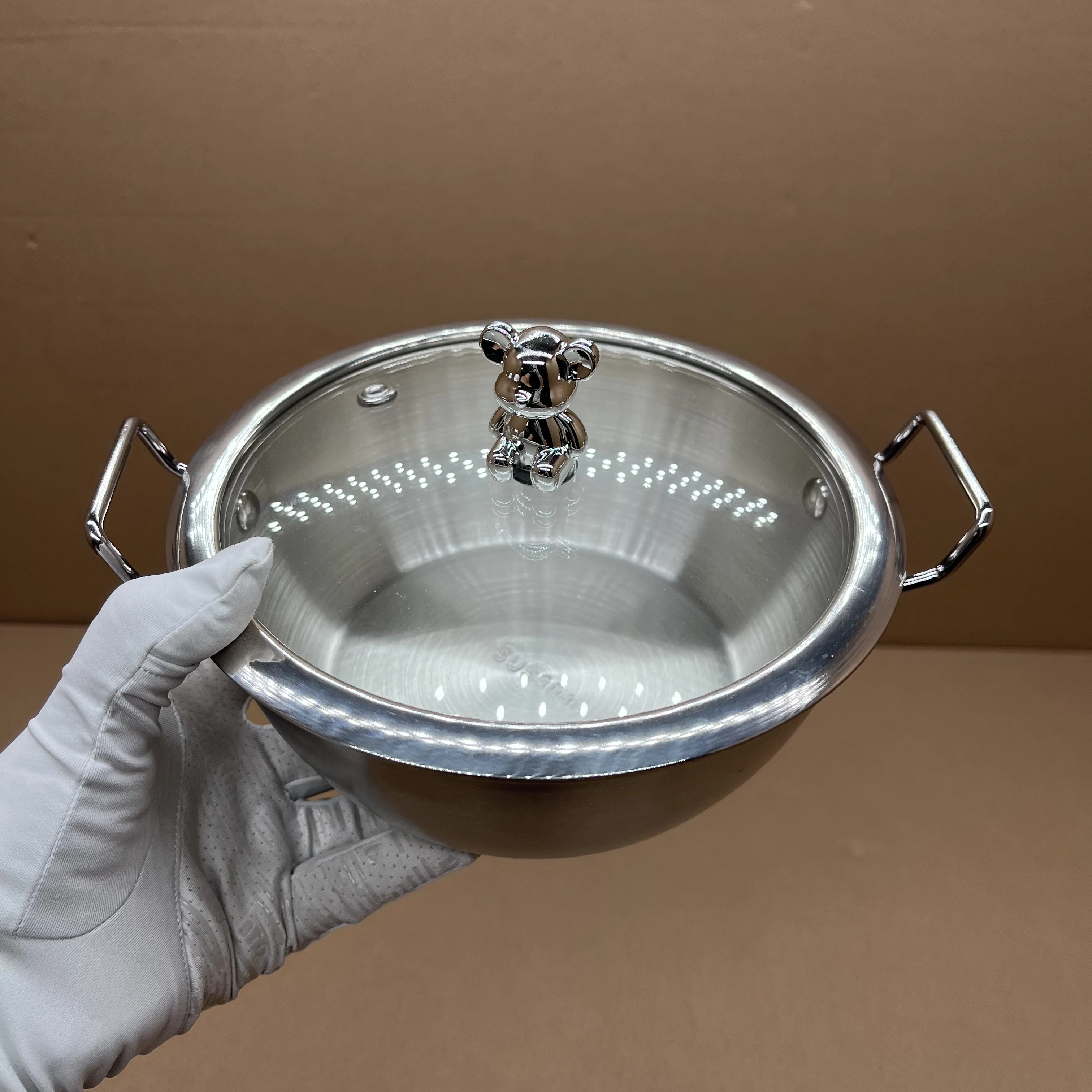 

Korean Style 304 Stainless Steel Small Soup Pot with Double Ears And Cute Bear Lid Mini Cooking Pot for Instant Noodles