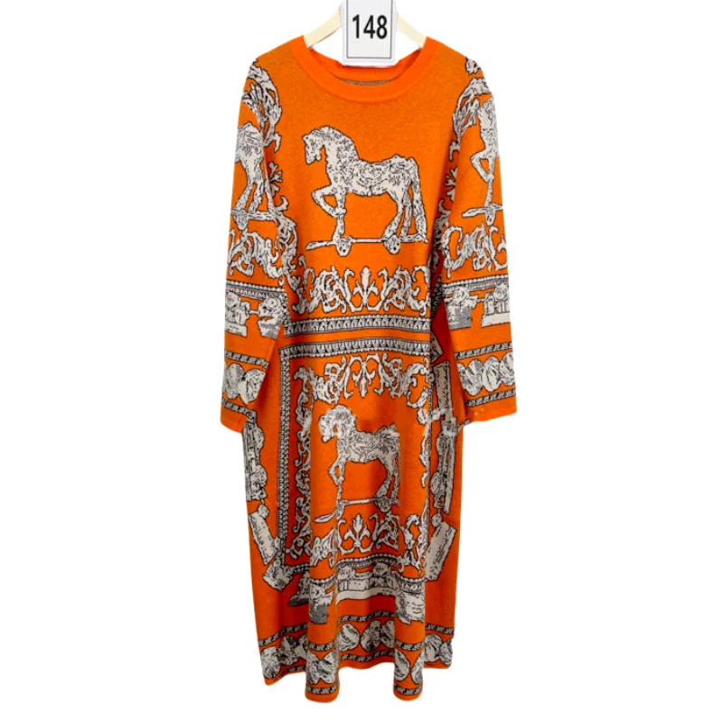 Horse Orange Luxury Brand Design Knit Long Sweater Dress For Women 2024 Vestidos Elegantes Pullover Skirt Knitwear Clothing