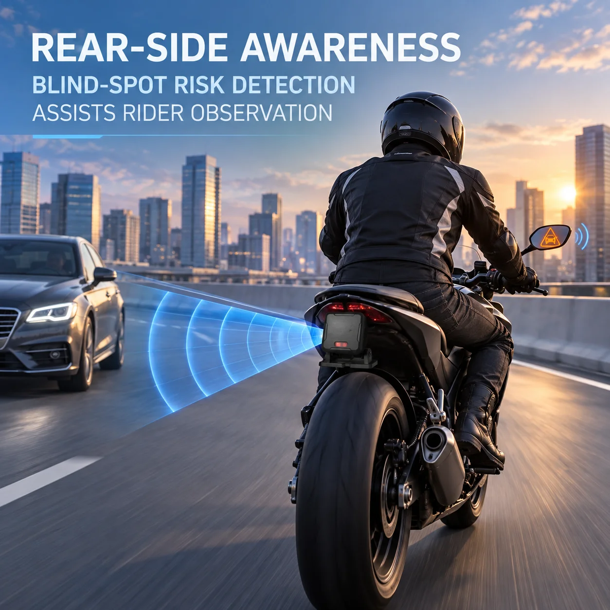 Motorcycle BSD and Lane Change Assist Kit with 77GHz Rear Radar, 8.4m Blind-Spot Zone and Dual LED Warnings