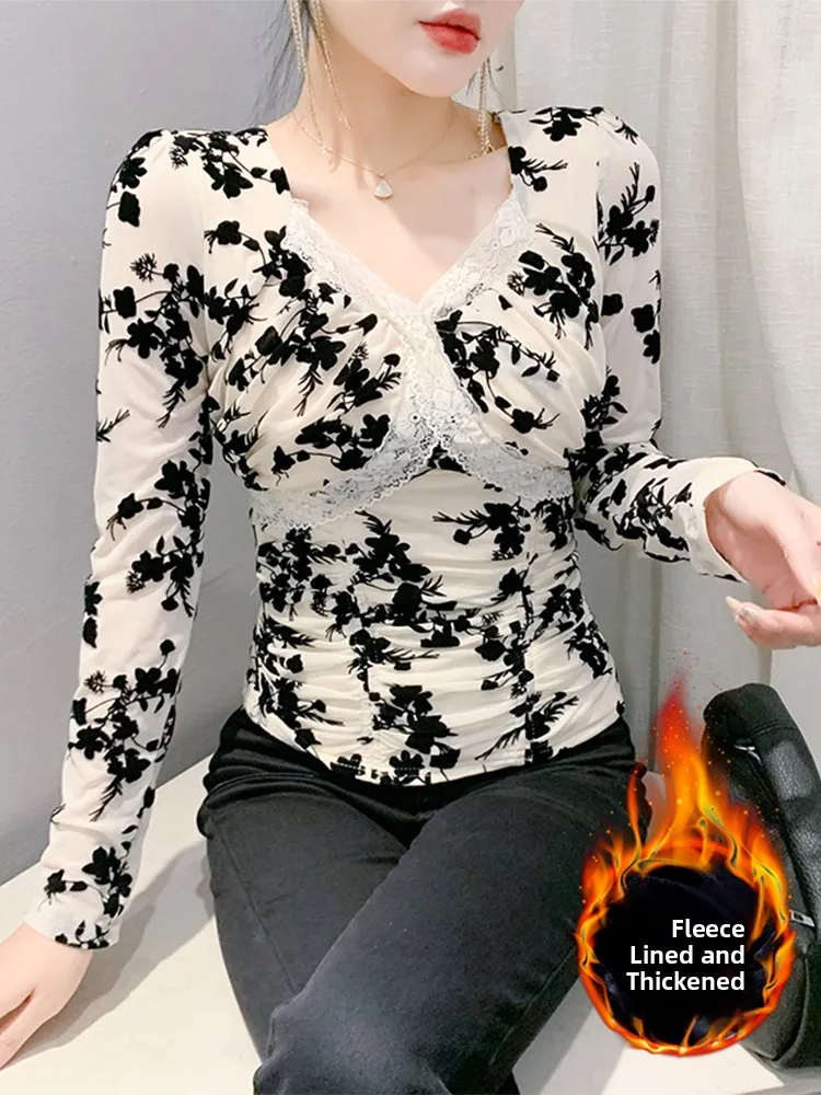 Sexy V-Neck Flocking Print Fleece Long Sleeve Women's T-shirt Autumn Winter Fashion Pleated Waist-Increasing Slim Fit Base Shirt