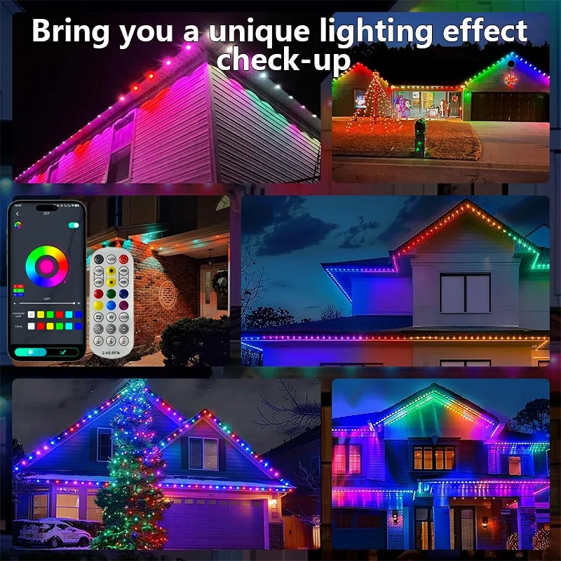 영구 야외 조명 스마트 RGB 처마 조명 앱 제어 DIY 패턴 음악 모드 IP67 방수 할로윈 장식 파티용