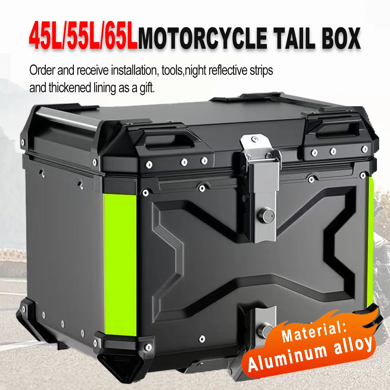 Coffre arrière universel 45L/55L/65L pour moto avec base métallique, boîte de rangement étanche avec serrure et autocollants réfléchissants, boîte à outils