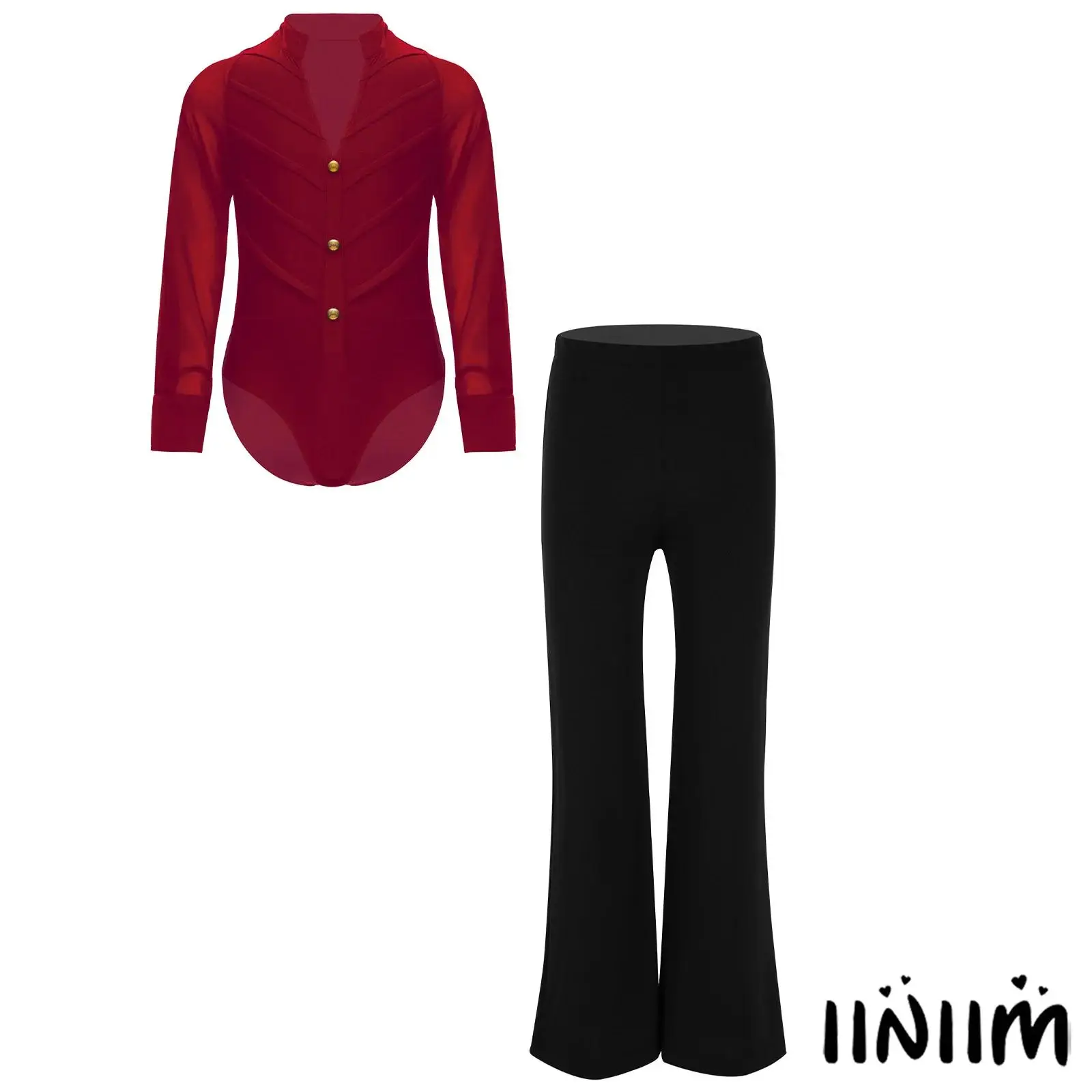 

Kids Boys Dance Leotard Set Decorative Buttons Sheer Chiffon Sleeves with Elastic Waistband Pants for Latin Ballroom Performance