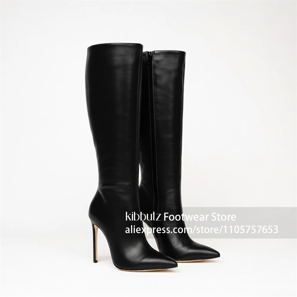 Slip On Knee High Shaft Boots Sharp Pointed Toe Stiletto Heel Boots Solid Color Plain Upper Soft Inner High Heel Knee Boots
