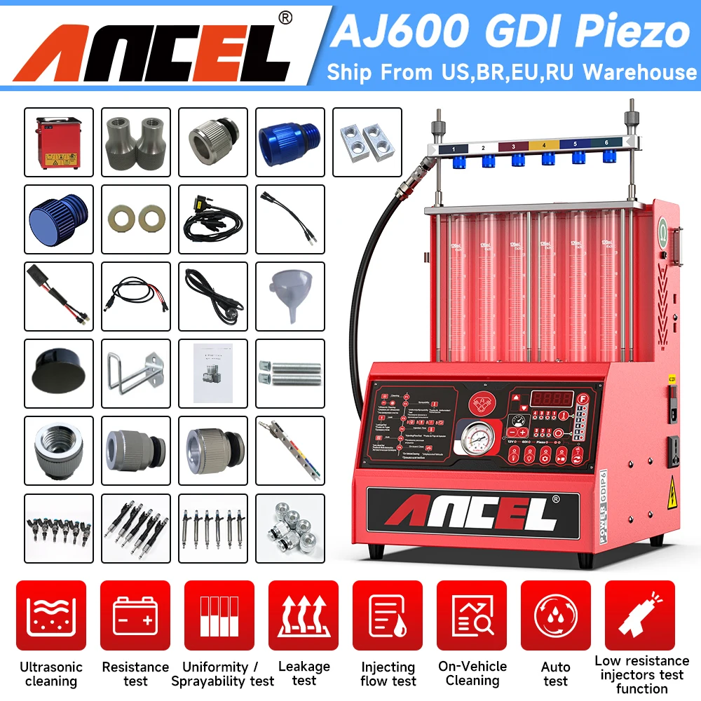 

ANCEL AJ600 GDI Piezo Injector Tester & Cleaner Fuel Injector Cleaning Leakage Test for 6 Cylinders Gasoline Car 110V /220V