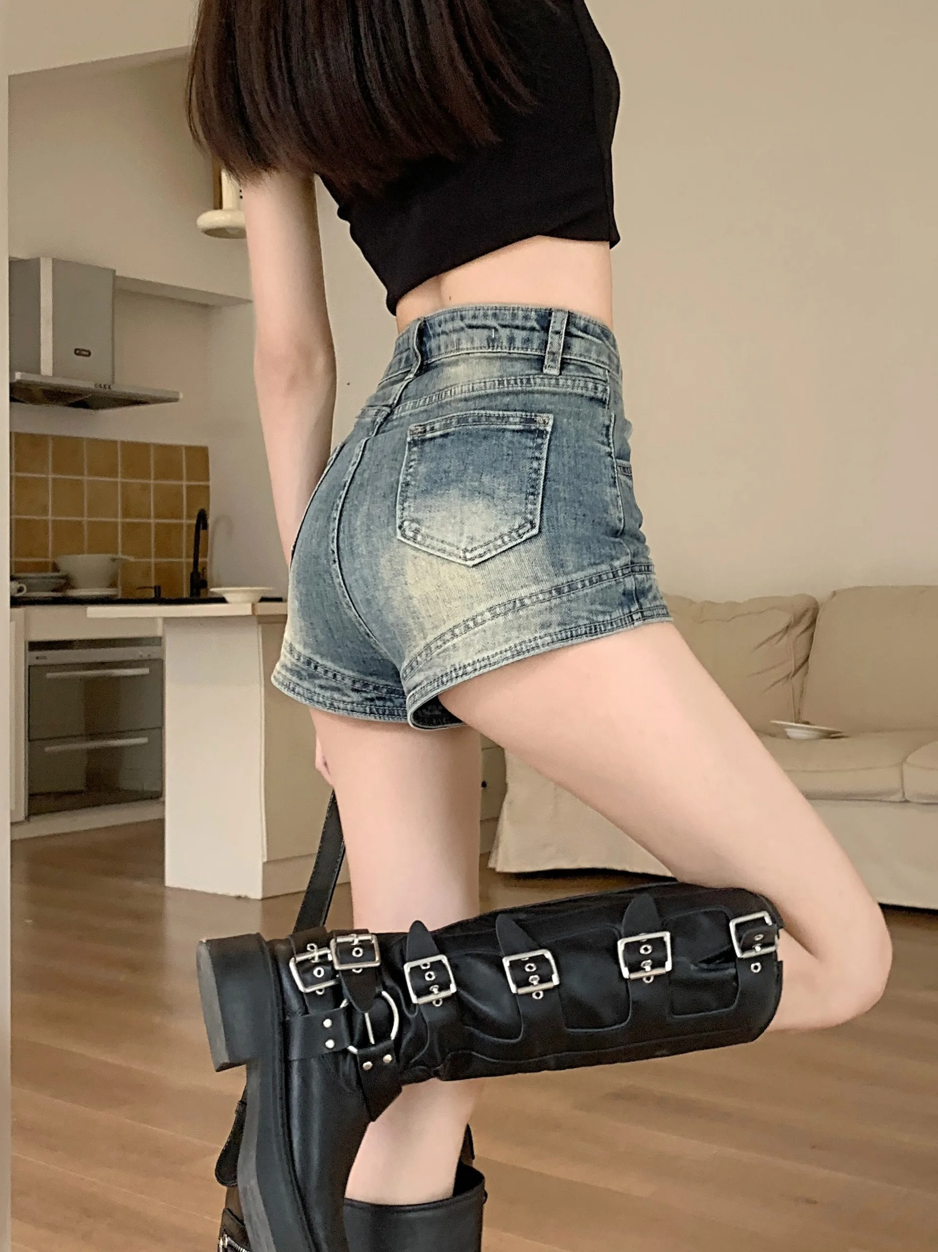 

Женские летние модные джинсовые шорты с высокой талией, эластичные, облегающие, А-силуэт, в американском стиле, сексуальные, для активного отдыха, хит продаж