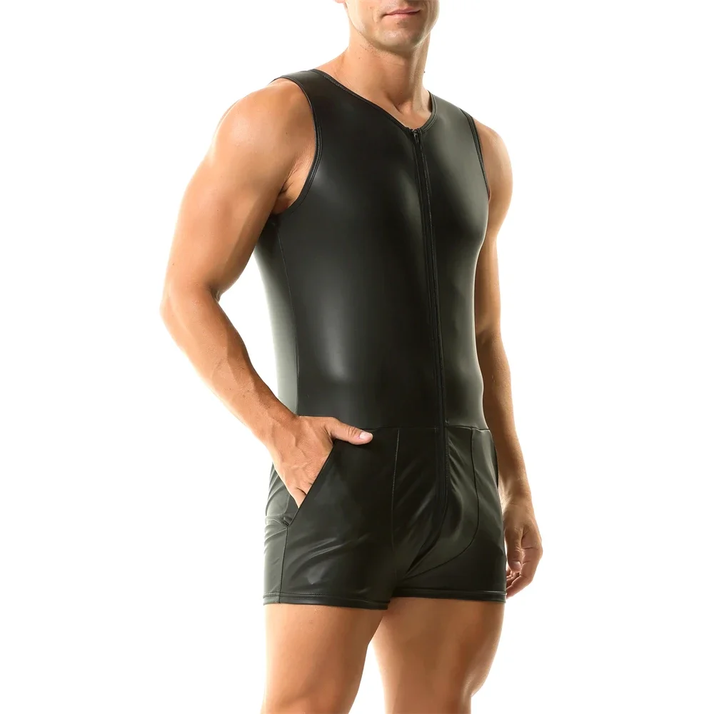 Body Sexy en Faux cuir pour hommes, Slim, avec poches, Singlet de lutte, combinaison sans manches, fermeture éclair, justaucorps, vêtements de club de danse