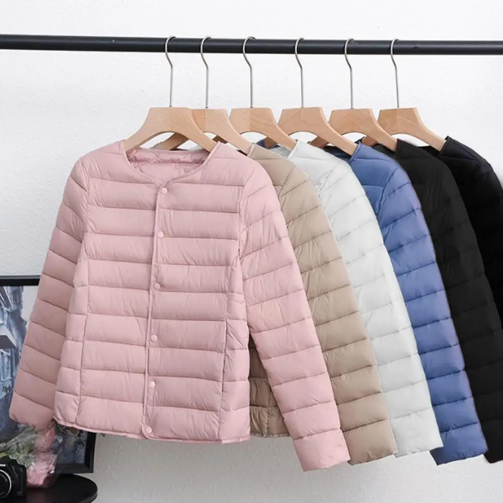 Winter Down Coat Thickened Padded Round Neck Pockets Button Down Windproof Long Sleeves Heat Retention Warm Daily Cold Weather O