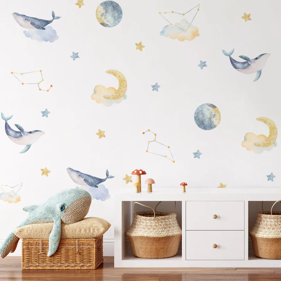 

Whale Fish Clouds Moon Stars Wall Stickers Baby Nursery Room Wall Decals for Children Bathroom Living Room