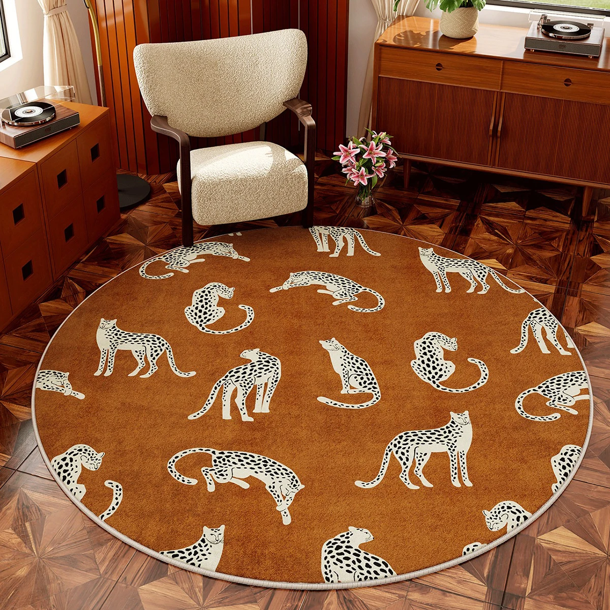 French Vintage Round Rug for Living Room Bedroom Floor Mat Light Luxury Non-slip Rugs Short Plush Printed Carpet Room Mats 원형러그