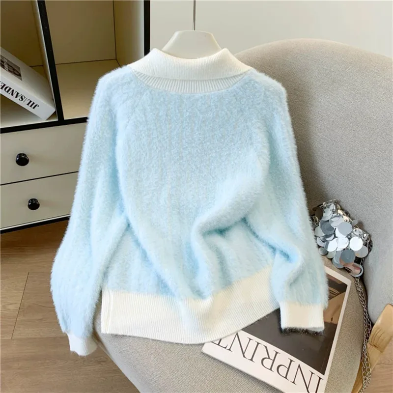 Autumn Women Korean Contrast Color Lapel Short Knit Cardigan Sweater Jacket Soft Pull Femme Single-Breasted Long Sleeve Knitwear