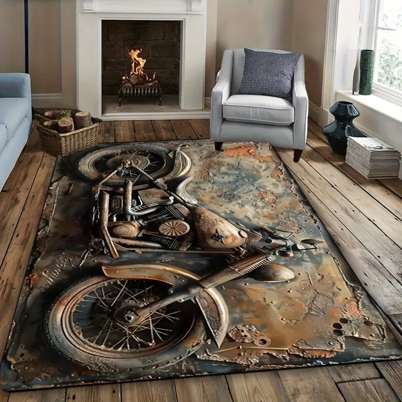 

2D Printed Vintage Motorcycle Pattern Rug Soft Non-Slip, for Living Room, Bedroom, Dormitory Indoor Decor, Machine Washable Mat
