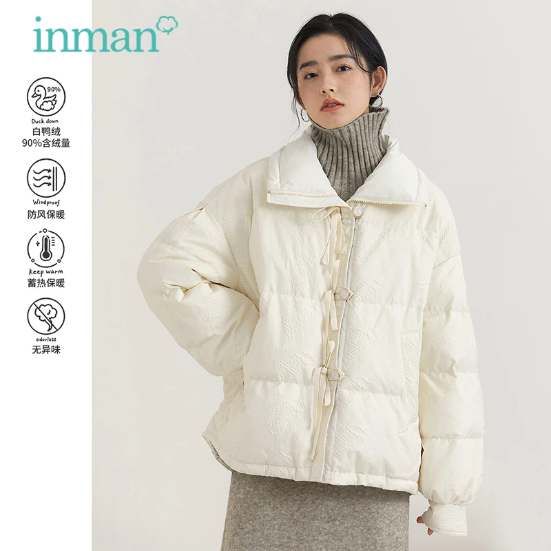 

INMAN Women Short Down Jacket Winter Long Sleeves Lapel Loose 90% White Duck Down Coat Warm Windproof Bow Decoration Outwear