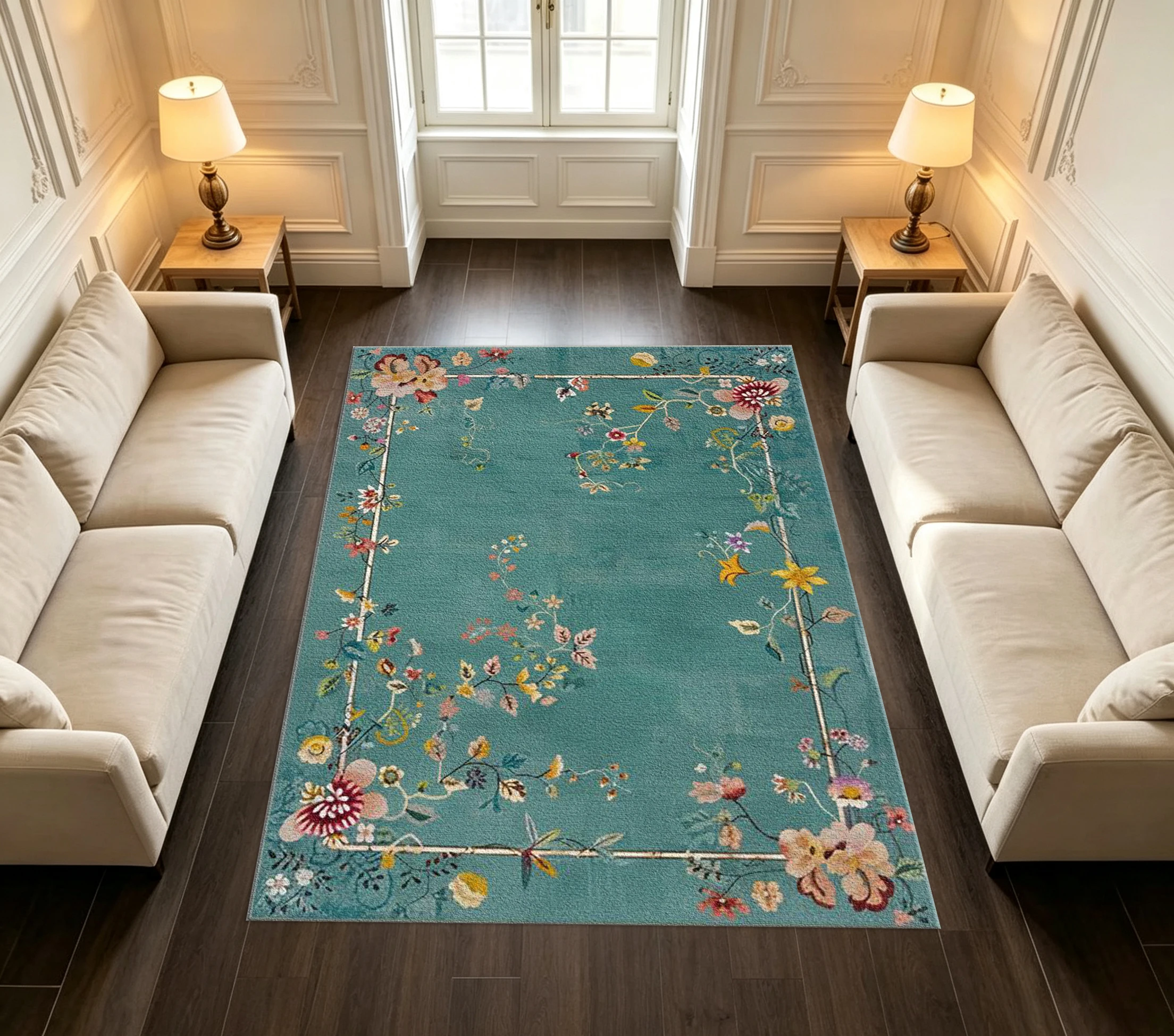 Teal Green Background Vintage Floral Frame Border Non-Slip Carpet Home Decor Floor Rug