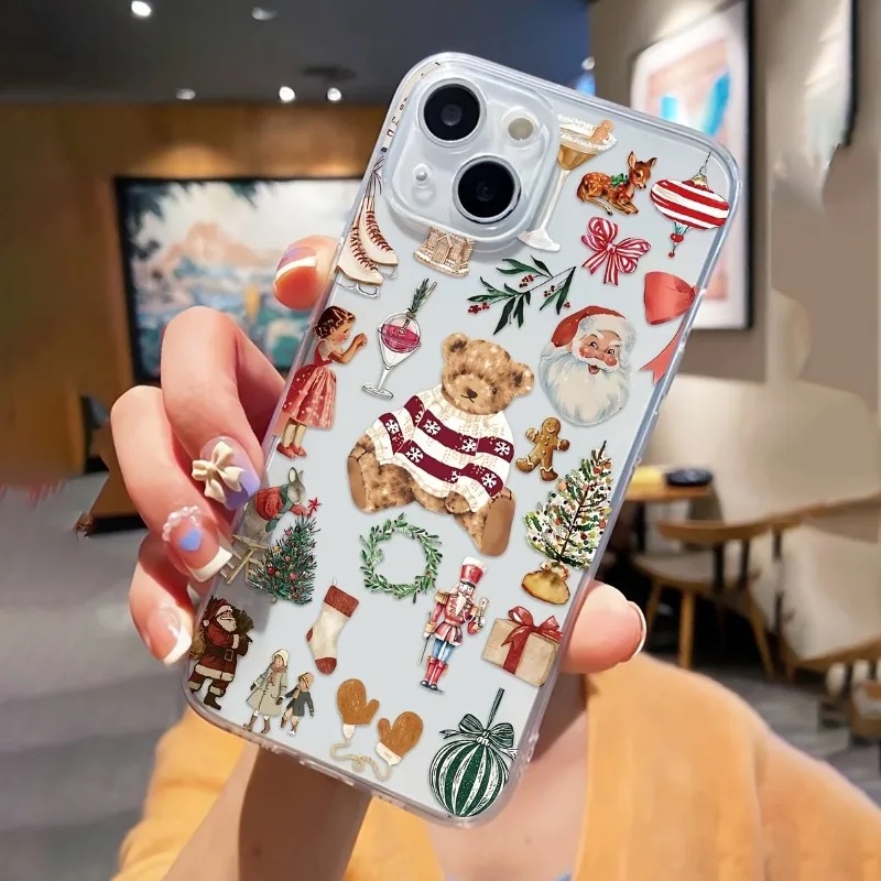 

Christmas Bear Print Phone Case For iPhone 17 16 15 11 12 14 13 Pro Max Mini X XS XR 7 Plus SE 16E Shockproof Transparent Cover