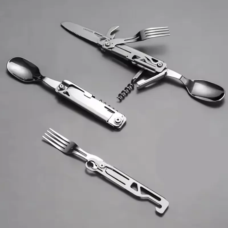 Outdoor Tableware Multi Function Portable Knife Fork Spoon Bottle Opener Foldable Cutlery Camp Pocket With Detachable New