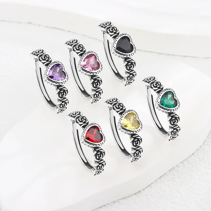 925 Sterling Silver Heart Colour Zircon ​Rings For Women Engagement Wedding Luxury Jewelry Argent 925 ​Jewellery