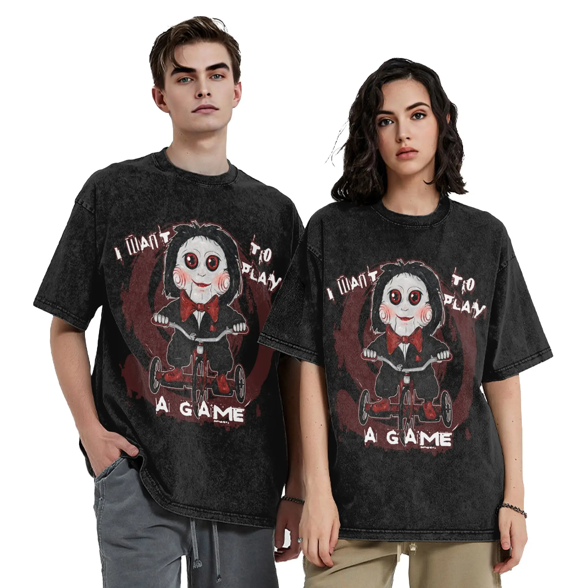 Saw doll with Tricycle Washed T Shirt Streetwear Hip Hop Novelty T-Shirt  Tee Shirt for Men Women Cotton Harajuku Printed