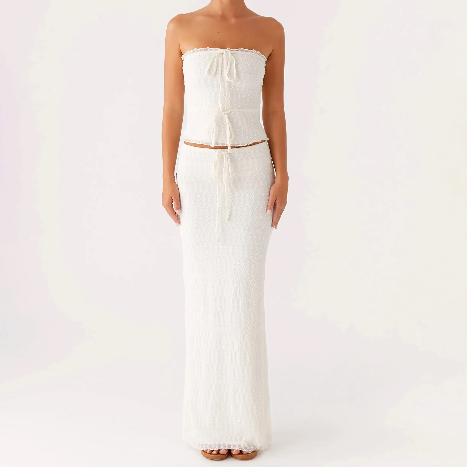 新しい女性の夏の衣装無地クロップ巾着バンドーと弾性ロングスカートセットストリート美的服