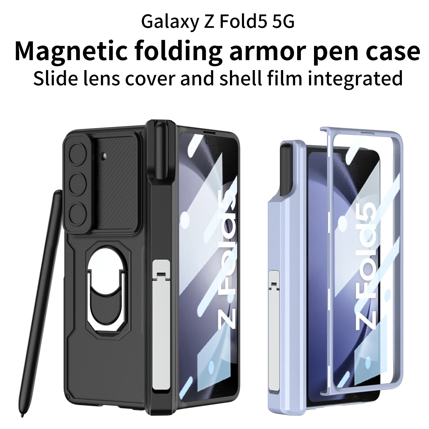 For Samsung Galaxy Z Fold 5 Case Skin Friendly Matte Finger Bracket Folding Hinge Pen Slot Holder Tempered Film Shockproof Cover