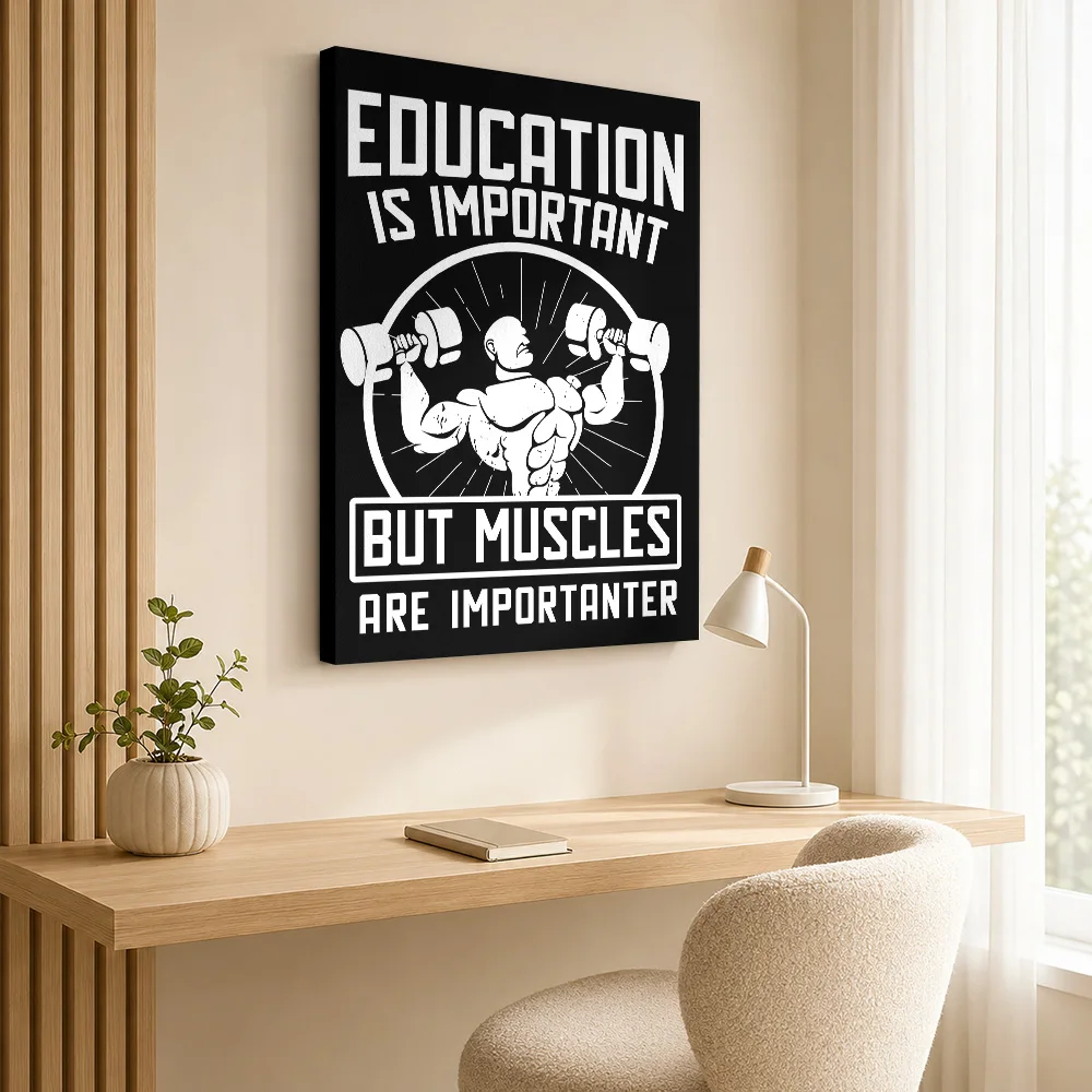 Education Vs. Muscles Funny Gym Design Canvas Poster Personalized Fitness Motivation Wall Art for Bedroom Decor Ready to Hang