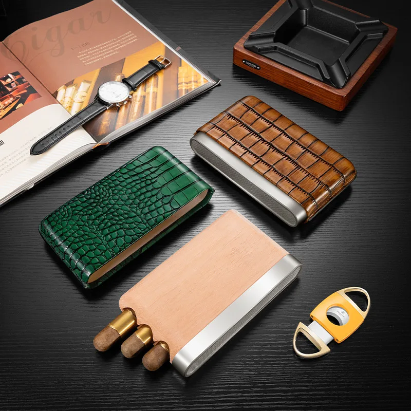 

Portable 3-Pack Genuine Leather Cigar Case with Cedar Wood Inner Lining Travel Humidor Sleeve for Premium Cigarettes