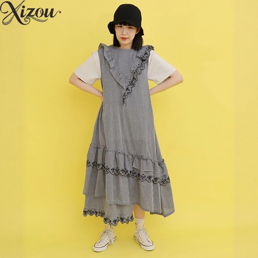 

Japanese Style Embroidered Lace Round Neck Sleeveless Dress Female Fashion A-shaped Elegant Casual Long Dresses for Women
