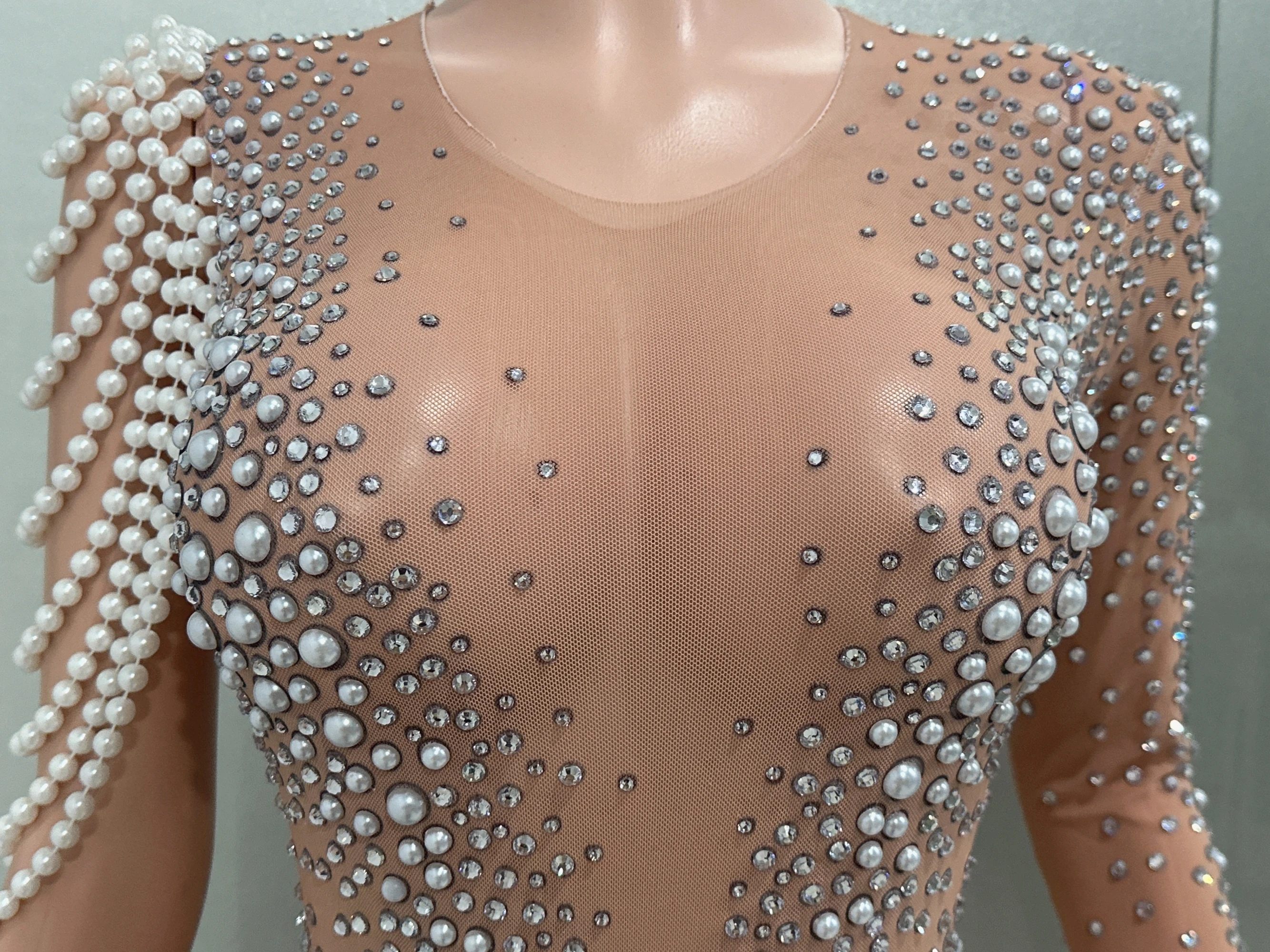 New Arrival One Shoulder Beading Mesh Jumpsuit Sexy Rhinestone Dancer Singer Stage Wear Performance Party Costumes Jumpsuits