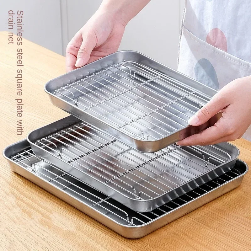 Flachbodenplatte aus 430 Edelstahl, quadratisch, ofenfest, BBQ-Grillpfanne, Abtropfschale, Ölauffanggitter, Vorbereitungsplatte zum Braten und Grillen