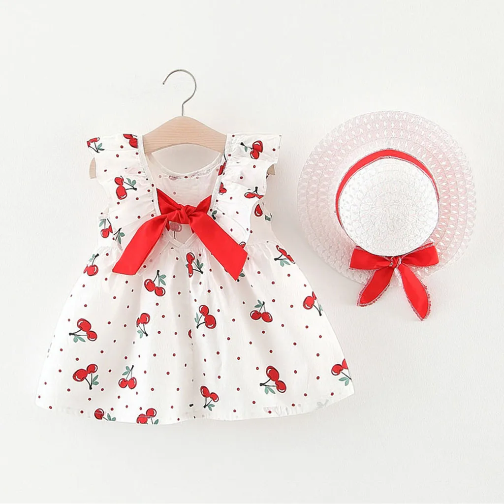 Baby Dress 2024 Summer New Girl's Sweet Bow Dress Children's Strawberry Print Small Fresh Casual Dress+Hat Children's Wear