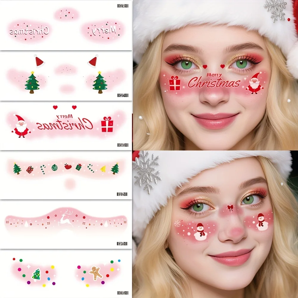 

6 Sheets Christmas Face Eye Temporary Tattoos Waterproof Freckle Tattoo Stickers for Makeup Party Cute Santa Snowman Fake Tattoo