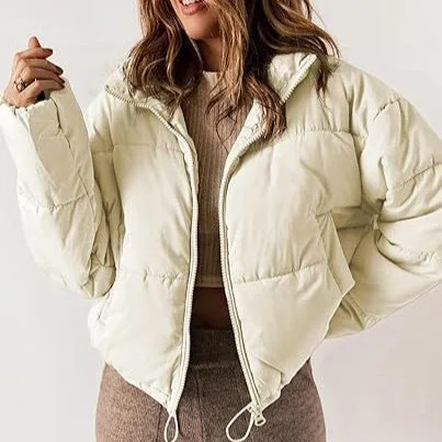 European American New Fashion Women's Stand Collar Long Sleeve Solid Color Casual Trendy Simple Basic Quiled Coats Female Parkas