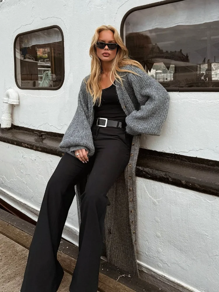 

Шикарный однотонный серый длинный вязаный кардиган, женский повседневный однобортный однобортный свободный кардиган с рукавами-фонариками и v-образным вырезом, женский свитер для поездок на работу