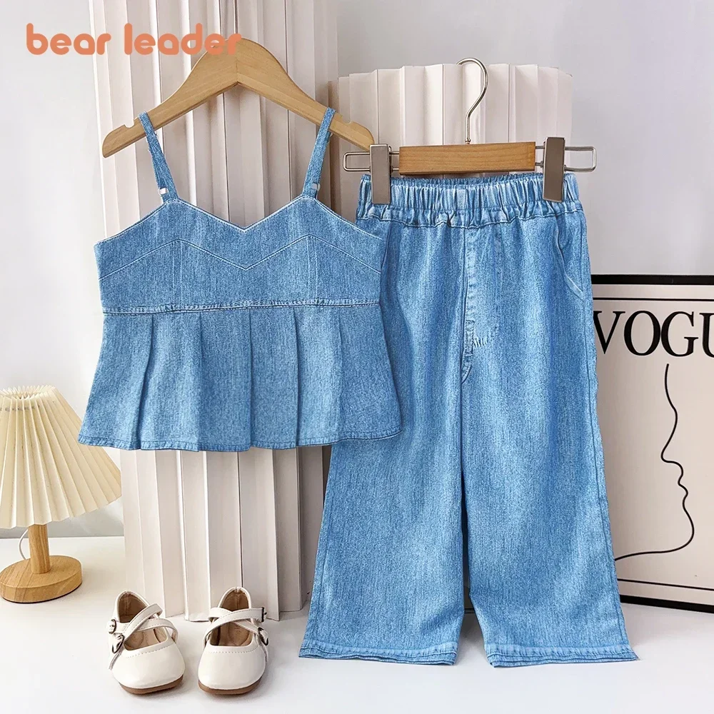 Bear Leader Summer Girls Clothes Blue Imitation Denim Sleeveless Camisole+Pants 2-piece Set Solid Color Casual Kids Clothing