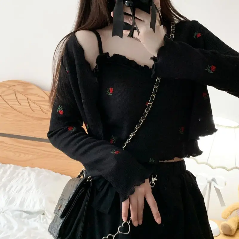 Sweet Embroidery Women Spring Ruffles Sling New Loose Long Sleeved Cardigan Printing V-neck Comfortable Casual Two Piece Set