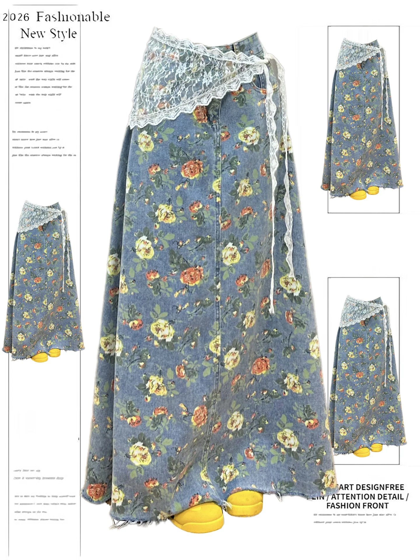 

Ретро-юбка в американском стиле с цветочным принтом, женская, средней длины, свободного кроя, скрывающая бедра, джинсовая, с высокой талией, повседневная, из полиэстеровой ткани