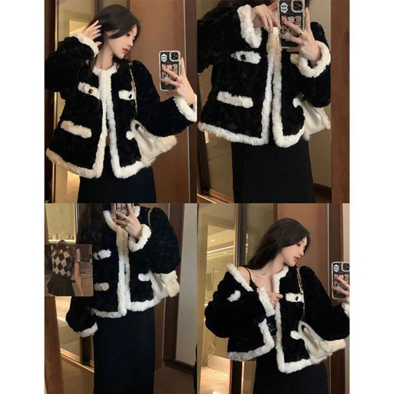 Manteau en peluche d'agneau épissé noir et blanc pour femme, manteau moelleux, conception avancée, fouet, niche, frit, rue, printemps, automne, hiver