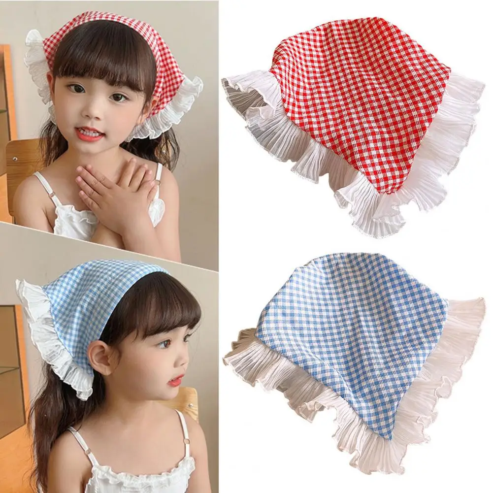 Comfortable Hair Accessory Plaid Print Lace Stitching Triangle Scarf Headband for Girls Non-slip Hair Accessory with Chic Design