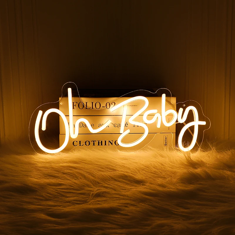 "Oh Baby" Neon Sign - USB Powered LED Wall Light For Baby Shower, Gender Reveal, Christening, Birthday Party Decor (Warm White, 12.6"x11.8")