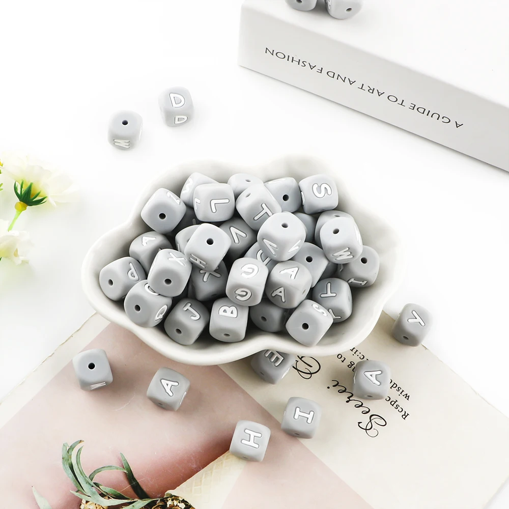 Sunrony 10~100Pcs 12MM Silicone Letter Beads Gray Square Alphabet Spacer Bead For Jewelry Making DIY Name Bracelet Accessories