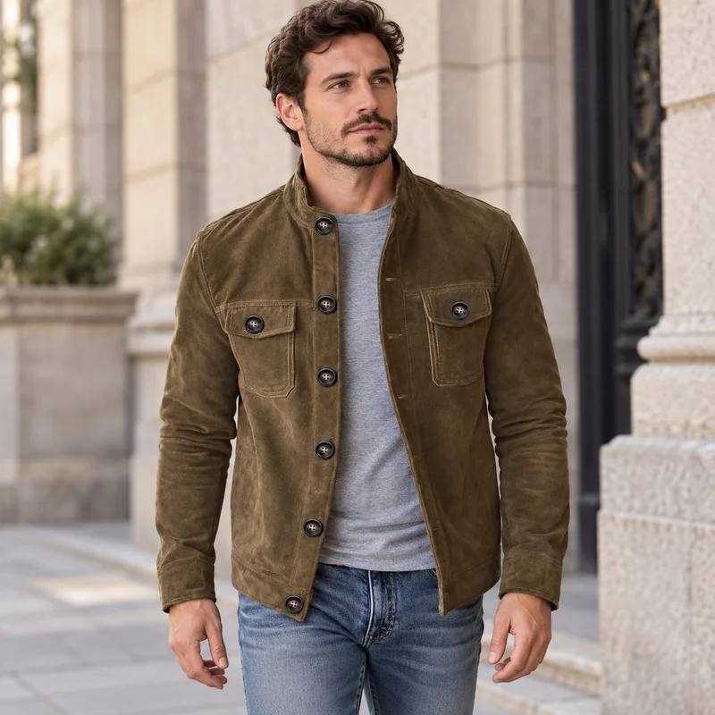 Men's Faux Suede Jacket Vintage Stand Collar Button Up Coat Long Sleeve Flap Pockets Casual Spring Autumn Outerwear