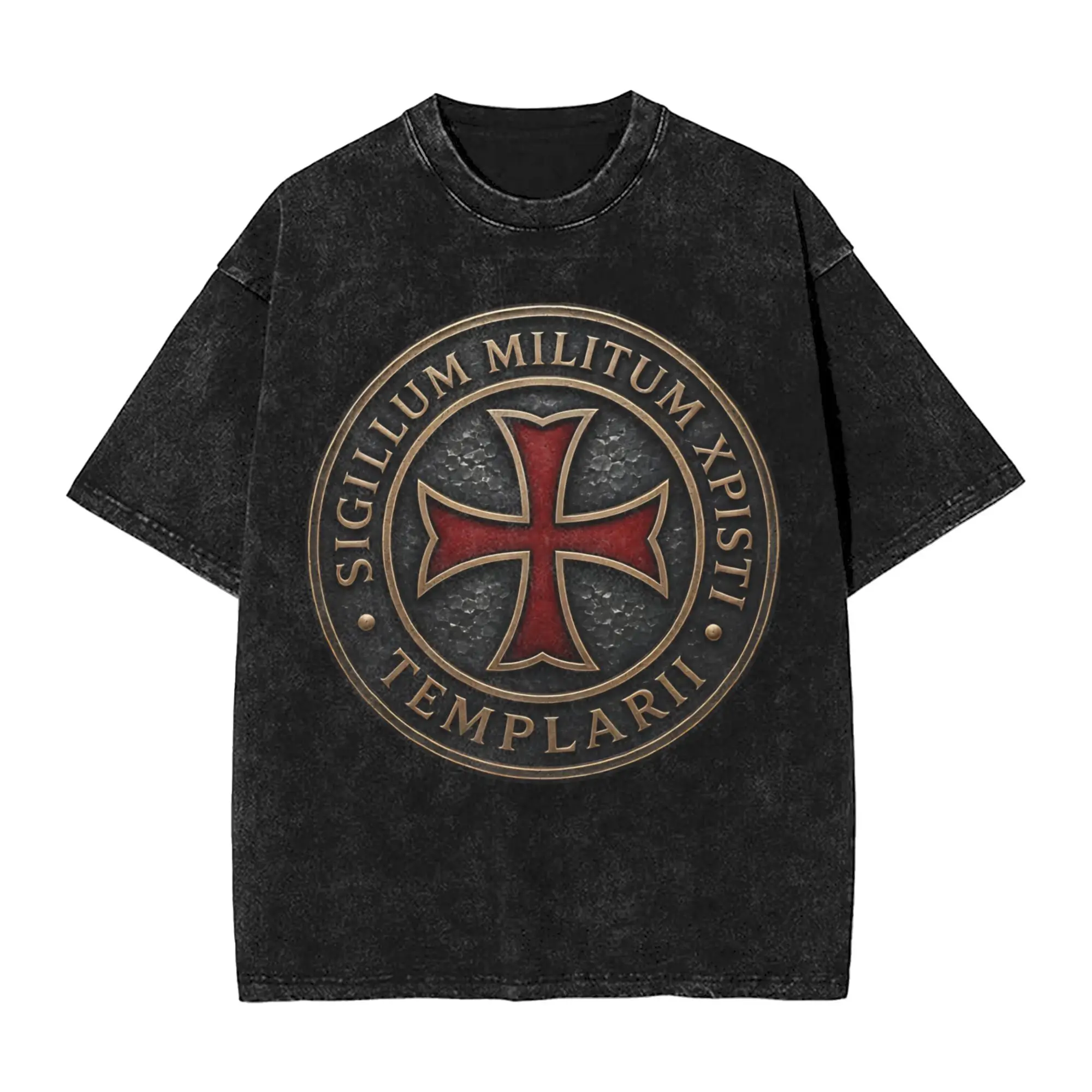 Harajuku Washed Shirt Templar Cross Knights Outfit Vintage T Shirt Oversize  Streetwear Cotton Graphic Tops Tees